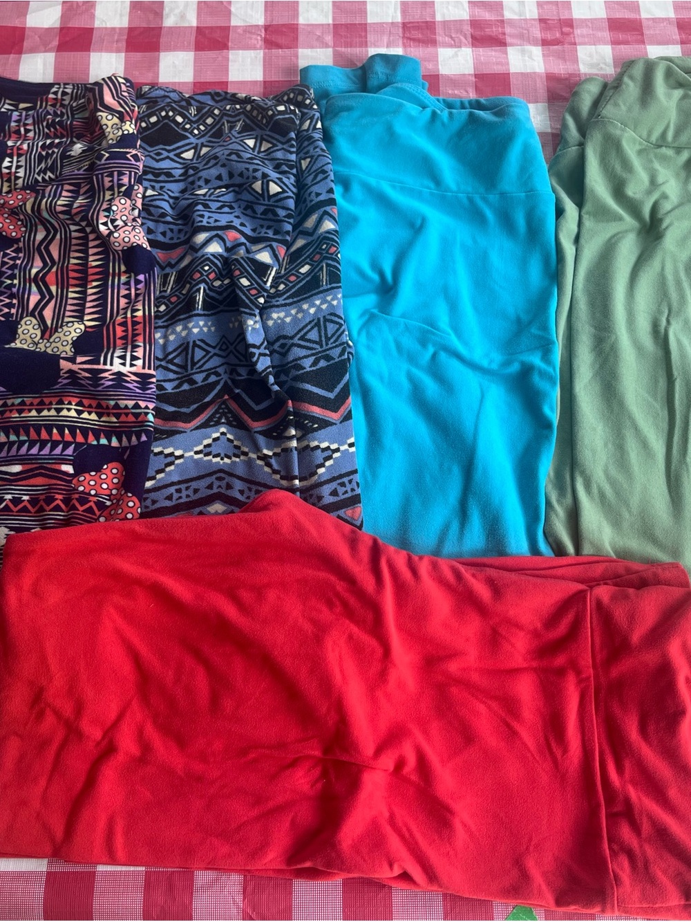 LuLaRoe Bright Red Leggings with Pink Plaid Accent